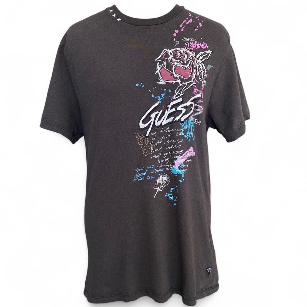 Grunge Y2K Guess grey floral embroidered t-shirt, size S